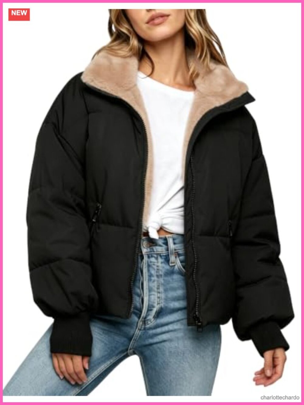 Cropped Puffer Jacket Fleece Lined Zip Up Oversized Winter Coat